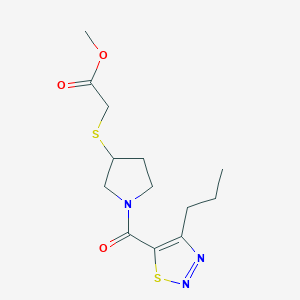 molecular formula C13H19N3O3S2 B2868768 Methyl 2-((1-(4-propyl-1,2,3-thiadiazole-5-carbonyl)pyrrolidin-3-yl)thio)acetate CAS No. 2034577-37-0