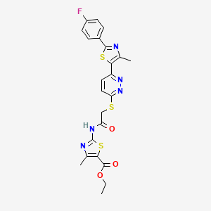 molecular formula C23H20FN5O3S3 B2868803 Ethyl 2-(2-((6-(2-(4-fluorophenyl)-4-methylthiazol-5-yl)pyridazin-3-yl)thio)acetamido)-4-methylthiazole-5-carboxylate CAS No. 933020-14-5