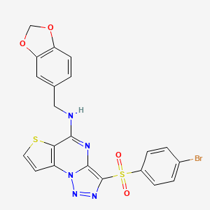 molecular formula C21H14BrN5O4S2 B2868852 N-(1,3-benzodioxol-5-ylmethyl)-3-[(4-bromophenyl)sulfonyl]thieno[2,3-e][1,2,3]triazolo[1,5-a]pyrimidin-5-amine CAS No. 892749-32-5