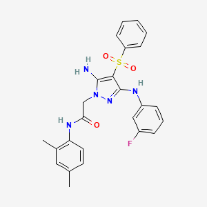 molecular formula C25H24FN5O3S B2868892 2-(5-氨基-3-((3-氟苯基)氨基)-4-(苯磺酰基)-1H-吡唑-1-基)-N-(2,4-二甲基苯基)乙酰胺 CAS No. 1019099-15-0