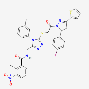 molecular formula C33H28FN7O4S2 B2868903 N-[[5-[2-[3-(4-fluorophenyl)-5-thiophen-2-yl-3,4-dihydropyrazol-2-yl]-2-oxoethyl]sulfanyl-4-(3-methylphenyl)-1,2,4-triazol-3-yl]methyl]-2-methyl-3-nitrobenzamide CAS No. 393584-18-4