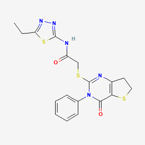 molecular formula C18H17N5O2S3 B2868938 N-(5-ethyl-1,3,4-thiadiazol-2-yl)-2-((4-oxo-3-phenyl-3,4,6,7-tetrahydrothieno[3,2-d]pyrimidin-2-yl)thio)acetamide CAS No. 850915-17-2