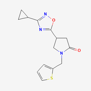 molecular formula C14H15N3O2S B2868941 4-(3-Cyclopropyl-1,2,4-oxadiazol-5-yl)-1-(thiophen-2-ylmethyl)pyrrolidin-2-one CAS No. 1171579-10-4