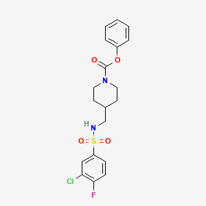 molecular formula C19H20ClFN2O4S B2868951 苯甲酸 4-((3-氯-4-氟苯磺酰胺基)甲基)哌啶-1-酯 CAS No. 1235639-38-9