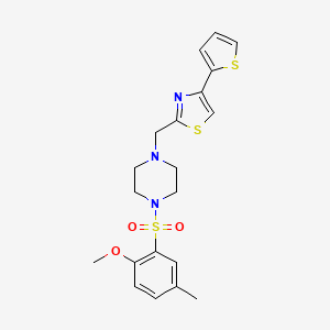 molecular formula C20H23N3O3S3 B2869018 2-((4-((2-Methoxy-5-methylphenyl)sulfonyl)piperazin-1-yl)methyl)-4-(thiophen-2-yl)thiazole CAS No. 1105237-63-5