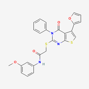 molecular formula C25H19N3O4S2 B2869045 2-[5-(呋喃-2-基)-4-氧代-3-苯基噻吩并[2,3-d]嘧啶-2-基]硫代基-N-(3-甲氧基苯基)乙酰胺 CAS No. 379238-69-4