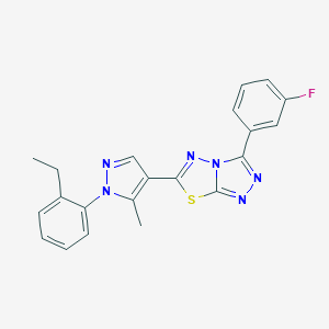 molecular formula C21H17FN6S B286912 6-[1-(2-ethylphenyl)-5-methyl-1H-pyrazol-4-yl]-3-(3-fluorophenyl)[1,2,4]triazolo[3,4-b][1,3,4]thiadiazole 