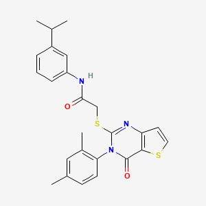 molecular formula C25H25N3O2S2 B2869123 2-{[3-(2,4-dimethylphenyl)-4-oxo-3,4-dihydrothieno[3,2-d]pyrimidin-2-yl]sulfanyl}-N-[3-(propan-2-yl)phenyl]acetamide CAS No. 1260936-29-5