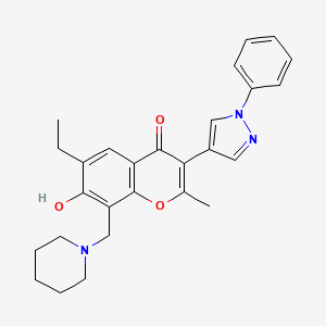 molecular formula C27H29N3O3 B2869159 6-ethyl-7-hydroxy-2-methyl-3-(1-phenyl-1H-pyrazol-4-yl)-8-(piperidin-1-ylmethyl)-4H-chromen-4-one CAS No. 379218-89-0