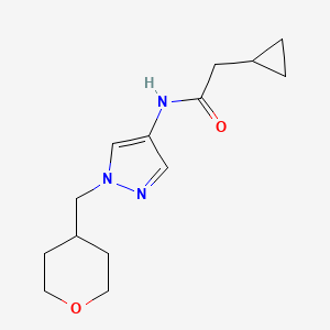 molecular formula C14H21N3O2 B2869258 2-cyclopropyl-N-(1-((tetrahydro-2H-pyran-4-yl)methyl)-1H-pyrazol-4-yl)acetamide CAS No. 1705314-07-3