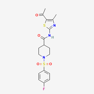 molecular formula C18H20FN3O4S2 B2869369 N-(5-乙酰基-4-甲基噻唑-2-基)-1-((4-氟苯基)磺酰基)哌啶-4-甲酰胺 CAS No. 922454-28-2