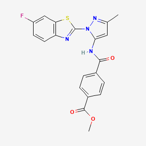 molecular formula C20H15FN4O3S B2869380 4-((1-(6-氟苯并[d]噻唑-2-基)-3-甲基-1H-吡唑-5-基)氨基羰基)苯甲酸甲酯 CAS No. 1172402-11-7