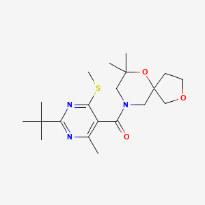 molecular formula C20H31N3O3S B2869392 (2-Tert-butyl-4-methyl-6-methylsulfanylpyrimidin-5-yl)-(7,7-dimethyl-2,6-dioxa-9-azaspiro[4.5]decan-9-yl)methanone CAS No. 2134304-96-2