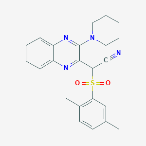 molecular formula C23H24N4O2S B2869405 2-((2,5-Dimethylphenyl)sulfonyl)-2-(3-(piperidin-1-yl)quinoxalin-2-yl)acetonitrile CAS No. 845632-44-2