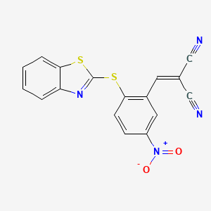 molecular formula C17H8N4O2S2 B2869432 ((2-Benzothiazol-2-ylthio-5-nitrophenyl)methylene)methane-1,1-dicarbonitrile CAS No. 1023558-35-1