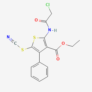 molecular formula C16H13ClN2O3S2 B2869472 Ethyl 2-(2-chloroacetamido)-5-(cyanosulfanyl)-4-phenylthiophene-3-carboxylate CAS No. 726151-90-2