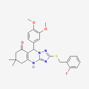molecular formula C26H27FN4O3S B2869534 9-(3,4-dimethoxyphenyl)-2-[(2-fluorobenzyl)thio]-6,6-dimethyl-5,6,7,9-tetrahydro[1,2,4]triazolo[5,1-b]quinazolin-8(4H)-one CAS No. 536986-21-7