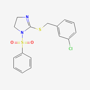 molecular formula C16H15ClN2O2S2 B2869582 1-(Benzenesulfonyl)-2-[(3-chlorophenyl)methylsulfanyl]-4,5-dihydroimidazole CAS No. 868218-84-2