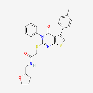 molecular formula C26H25N3O3S2 B2869590 2-{[5-(4-甲基苯基)-4-氧代-3-苯基-3H,4H-噻吩并[2,3-d]嘧啶-2-基]硫代}-N-[(氧杂环-2-基)甲基]乙酰胺 CAS No. 690645-07-9