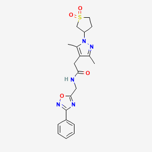 molecular formula C20H23N5O4S B2869615 2-(1-(1,1-dioxidotetrahydrothiophen-3-yl)-3,5-dimethyl-1H-pyrazol-4-yl)-N-((3-phenyl-1,2,4-oxadiazol-5-yl)methyl)acetamide CAS No. 1207034-19-2