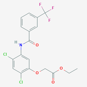 molecular formula C18H14Cl2F3NO4 B2869642 Ethyl 2-(2,4-dichloro-5-((3-(trifluoromethyl)benzoyl)amino)phenoxy)acetate CAS No. 338961-36-7