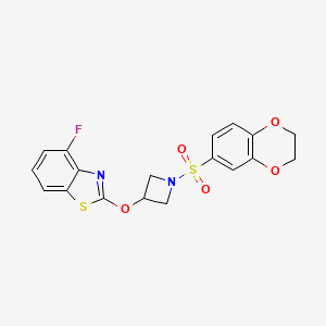 molecular formula C18H15FN2O5S2 B2869648 2-((1-((2,3-Dihydrobenzo[b][1,4]dioxin-6-yl)sulfonyl)azetidin-3-yl)oxy)-4-fluorobenzo[d]thiazole CAS No. 1396760-77-2