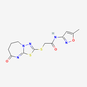 molecular formula C12H13N5O3S2 B2869668 N-(5-methylisoxazol-3-yl)-2-((8-oxo-5,6,7,8-tetrahydro-[1,3,4]thiadiazolo[3,2-a][1,3]diazepin-2-yl)thio)acetamide CAS No. 450346-72-2