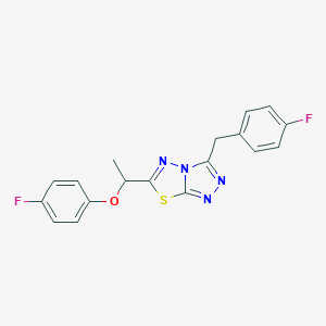 molecular formula C18H14F2N4OS B286973 1-[3-(4-Fluorobenzyl)[1,2,4]triazolo[3,4-b][1,3,4]thiadiazol-6-yl]ethyl 4-fluorophenyl ether 