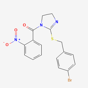 molecular formula C17H14BrN3O3S B2869734 [2-[(4-Bromophenyl)methylsulfanyl]-4,5-dihydroimidazol-1-yl]-(2-nitrophenyl)methanone CAS No. 851800-67-4