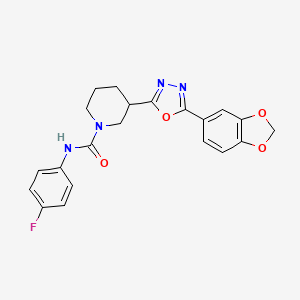 molecular formula C21H19FN4O4 B2869735 3-(5-(苯并[d][1,3]二氧杂环-5-基)-1,3,4-恶二唑-2-基)-N-(4-氟苯基)哌啶-1-甲酰胺 CAS No. 1172471-55-4