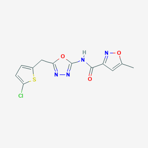 molecular formula C12H9ClN4O3S B2869780 N-(5-((5-chlorothiophen-2-yl)methyl)-1,3,4-oxadiazol-2-yl)-5-methylisoxazole-3-carboxamide CAS No. 1020978-13-5