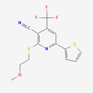 molecular formula C14H11F3N2OS2 B2869782 2-((2-Methoxyethyl)thio)-6-(thiophen-2-yl)-4-(trifluoromethyl)nicotinonitrile CAS No. 905772-97-6