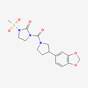 molecular formula C16H19N3O6S B2869819 1-(3-(Benzo[d][1,3]dioxol-5-yl)pyrrolidine-1-carbonyl)-3-(methylsulfonyl)imidazolidin-2-one CAS No. 2034563-31-8