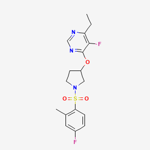 molecular formula C17H19F2N3O3S B2869829 4-乙基-5-氟-6-((1-((4-氟-2-甲基苯基)磺酰基)吡咯烷-3-基)氧基)嘧啶 CAS No. 2034575-06-7