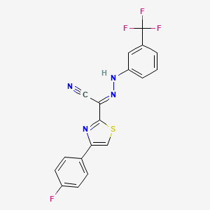 molecular formula C18H10F4N4S B2869846 (2E)-4-(4-fluorophenyl)-N-[3-(trifluoromethyl)anilino]-1,3-thiazole-2-carboximidoyl cyanide CAS No. 477197-34-5