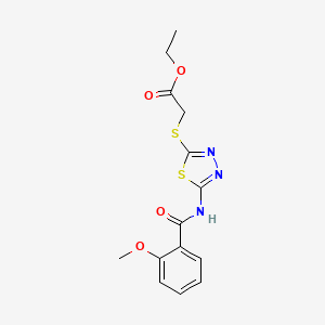 molecular formula C14H15N3O4S2 B2869916 Ethyl 2-((5-(2-methoxybenzamido)-1,3,4-thiadiazol-2-yl)thio)acetate CAS No. 56890-75-6