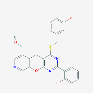 molecular formula C26H22FN3O3S B2870069 [5-(2-Fluorophenyl)-7-{[(3-methoxyphenyl)methyl]sulfanyl}-14-methyl-2-oxa-4,6,13-triazatricyclo[8.4.0.0^{3,8}]tetradeca-1(10),3(8),4,6,11,13-hexaen-11-yl]methanol CAS No. 892415-14-4