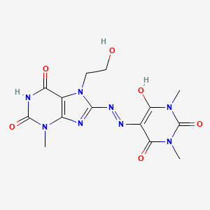 molecular formula C14H16N8O6 B2870093 5-(2-(7-(2-hydroxyethyl)-3-methyl-2,6-dioxo-2,3,6,7-tetrahydro-1H-purin-8-yl)hydrazono)-1,3-dimethylpyrimidine-2,4,6(1H,3H,5H)-trione CAS No. 887867-50-7
