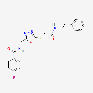 molecular formula C20H19FN4O3S B2870108 4-fluoro-N-((5-((2-oxo-2-(phenethylamino)ethyl)thio)-1,3,4-oxadiazol-2-yl)methyl)benzamide CAS No. 872614-07-8