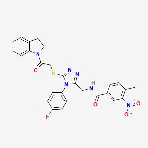 molecular formula C27H23FN6O4S B2870141 N-((4-(4-fluorophenyl)-5-((2-(indolin-1-yl)-2-oxoethyl)thio)-4H-1,2,4-triazol-3-yl)methyl)-4-methyl-3-nitrobenzamide CAS No. 389071-22-1