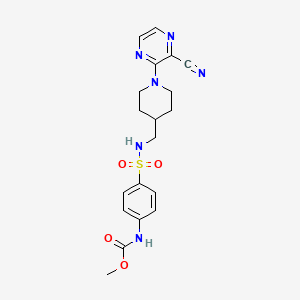 molecular formula C19H22N6O4S B2870197 甲基(4-(N-((1-(3-氰基吡嗪-2-基)哌啶-4-基)甲基)磺酰胺基)苯基)氨基甲酸酯 CAS No. 1797576-72-7