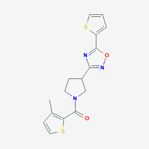 molecular formula C16H15N3O2S2 B2870202 (3-Methylthiophen-2-yl)(3-(5-(thiophen-2-yl)-1,2,4-oxadiazol-3-yl)pyrrolidin-1-yl)methanone CAS No. 2034287-77-7
