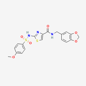 molecular formula C19H17N3O6S2 B2870287 N-(benzo[d][1,3]dioxol-5-ylmethyl)-2-(4-methoxyphenylsulfonamido)thiazole-4-carboxamide CAS No. 1021065-81-5