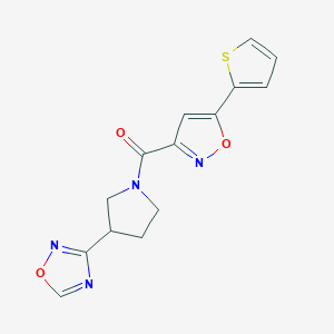 molecular formula C14H12N4O3S B2870297 (3-(1,2,4-Oxadiazol-3-yl)pyrrolidin-1-yl)(5-(thiophen-2-yl)isoxazol-3-yl)methanone CAS No. 2034552-99-1