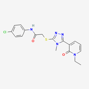 molecular formula C18H18ClN5O2S B2870319 N-(4-chlorophenyl)-2-((5-(1-ethyl-2-oxo-1,2-dihydropyridin-3-yl)-4-methyl-4H-1,2,4-triazol-3-yl)thio)acetamide CAS No. 1105209-02-6