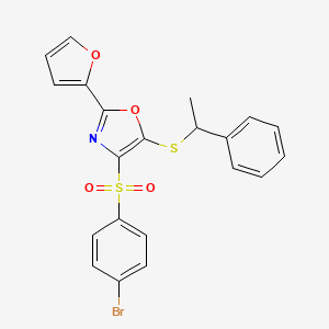 molecular formula C21H16BrNO4S2 B2870345 4-((4-Bromophenyl)sulfonyl)-2-(furan-2-yl)-5-((1-phenylethyl)thio)oxazole CAS No. 686738-35-2
