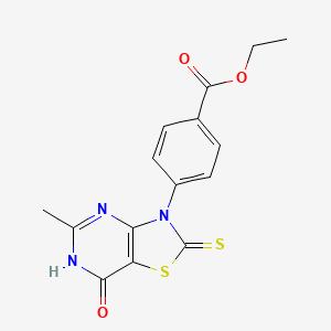 molecular formula C15H13N3O3S2 B2870347 ethyl 4-(5-methyl-7-oxo-2-thioxo-6,7-dihydro[1,3]thiazolo[4,5-d]pyrimidin-3(2H)-yl)benzoate CAS No. 892284-31-0