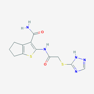 molecular formula C12H13N5O2S2 B2870401 2-(2-((1H-1,2,4-triazol-3-yl)thio)acetamido)-5,6-dihydro-4H-cyclopenta[b]thiophene-3-carboxamide CAS No. 511282-85-2