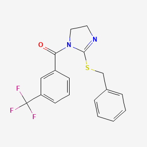 molecular formula C18H15F3N2OS B2870408 (2-Benzylsulfanyl-4,5-dihydroimidazol-1-yl)-[3-(trifluoromethyl)phenyl]methanone CAS No. 851864-20-5