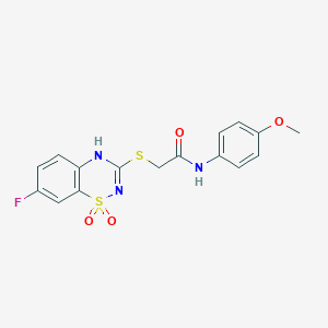 molecular formula C16H14FN3O4S2 B2870472 2-((7-fluoro-1,1-dioxido-4H-benzo[e][1,2,4]thiadiazin-3-yl)thio)-N-(4-methoxyphenyl)acetamide CAS No. 886954-64-9